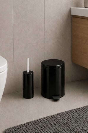 2li Banyo Seti Çelik Çöp Kovası ve Tuvalet Fırçası Siyah 3 Litre
