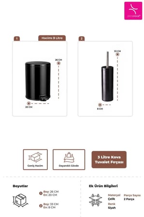 2li Banyo Seti Çelik Çöp Kovası ve Tuvalet Fırçası Siyah 3 Litre