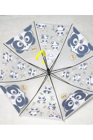 Çocuk Şemsiyesi Panda Desenli Şeffaf Sarı Detaylı