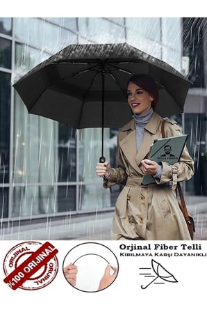 Full Fonksiyon Açma Kapama Siyah Unisex 8 Fiber Tel Şemsiye