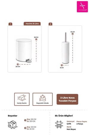 2li Banyo Seti Çelik Çöp Kovası Tuvalet Fırçası 3 Litre Beyaz