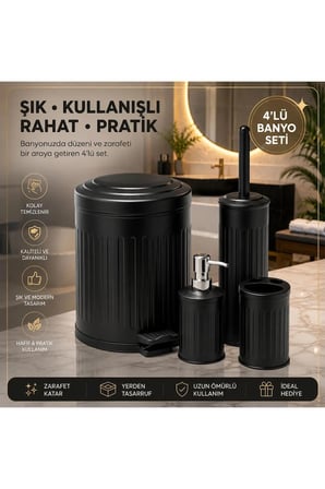 Eforeca Vintage 4 lü Çöp Kovası Banyo Seti Siyah