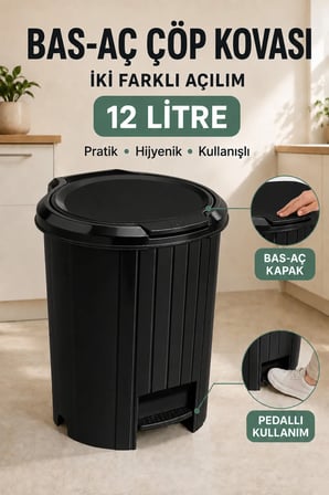 12 Litre Bas-Aç Kapaklı ve Pedallı Çöp Kovası Mutfak Banyo Poşet Sabitleyic