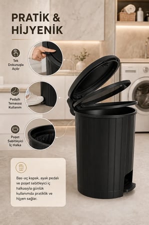 12 Litre Bas-Aç Kapaklı ve Pedallı Çöp Kovası Mutfak Banyo Poşet Sabitleyic