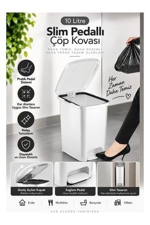 Slim Pedallı Banyo Mutfak Çöp Kovası - 10 Litre - Beyaz