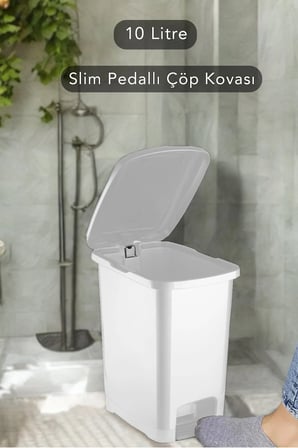 Slim Pedallı Banyo Mutfak Çöp Kovası - 10 Litre - Beyaz