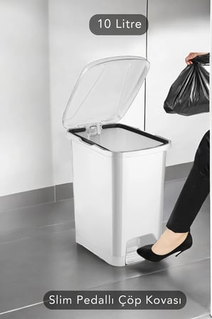 Slim Pedallı Banyo Mutfak Çöp Kovası - 10 Litre - Beyaz