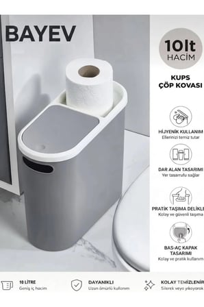 Kups Gri 10 Lt Click Çöp Kovası , Mutfak, Banyo, Tuvalet Çöp Kutusu Tuvalet