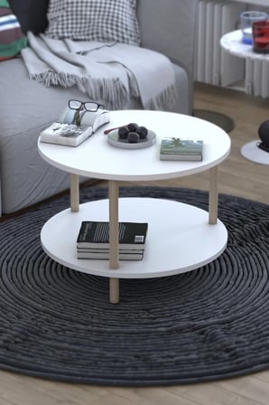Ahşap Ayaklı Iki Raflı Yuvarlak Orta Sehpa Gazetelikli Beyaz 60cm