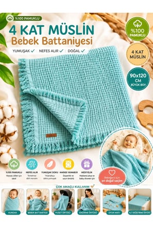 %100 Pamuklu 4 Kat Müslin Mint Yeşili Bebek Battaniyesi 90x120 Cm - Mevsiml