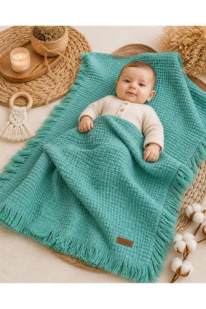 %100 Pamuklu 4 Kat Müslin Mint Yeşili Bebek Battaniyesi 90x120 Cm - Mevsiml