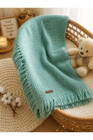 %100 Pamuklu 4 Kat Müslin Mint Yeşili Bebek Battaniyesi 90x120 Cm - Mevsiml