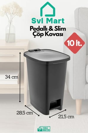 10 Litre Slim & Pedallı Plastik Çöp Kovası Çöp Kutusu İç Kovasız Sistem