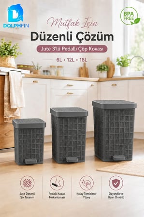 Jute 3’lü Pedallı Çöp Kovası Seti 6 L + 12 L + 18 L
