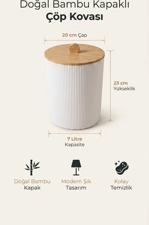 Doğal Bambu Kapaklı Çöp Kovası, 7 Litre, 20x23 cm Modern Şık Tasarım