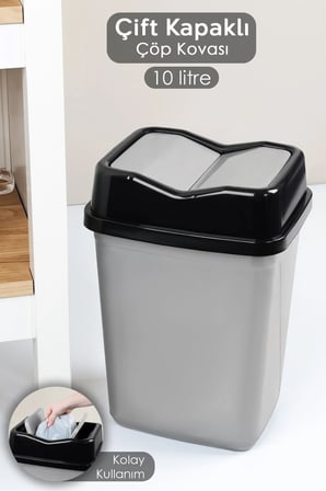 10 Litre Çift Kapaklı Plastik Çöp Kovası - Ev Ofis Banyo Mutfak Çöp Kovası