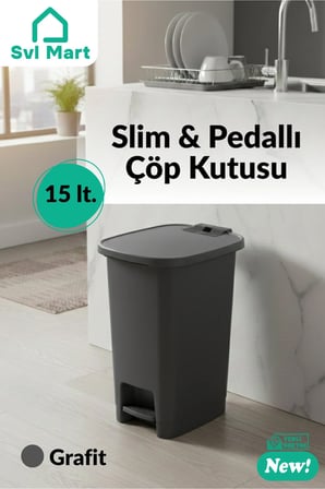 15 Litre Slim & Pedallı Plastik Çöp Kovası Çöp Kutusu İç Kovasız Sistem