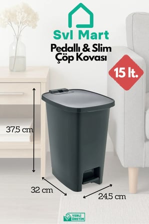 15 Litre Slim & Pedallı Plastik Çöp Kovası Çöp Kutusu İç Kovasız Sistem