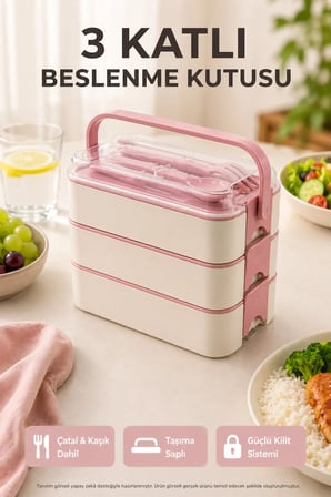Pembe 3 Katlı Beslenme Kutusu Çatal Kaşık Dahil Kilitli Kapaklı