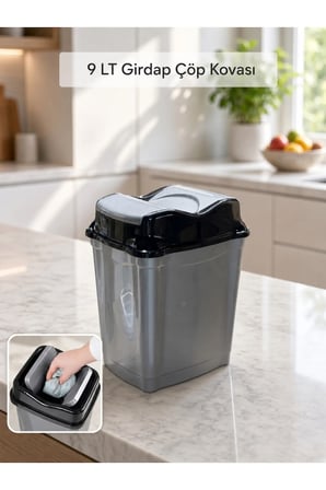 9 Litre Çift Kapaklı Girdap Çöp Kovası - Mutfak Banyo Ofis Çöp Kutusu