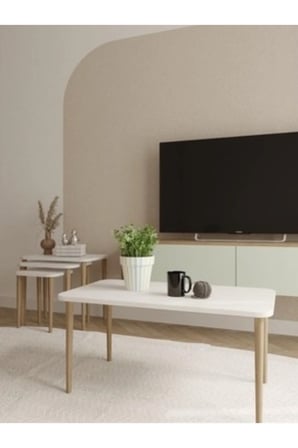 ZION Serisi – Beyaz Orta Sehpa 50×90 cm 1. Sınıf MDF Tabla Masif Gürgen Aya