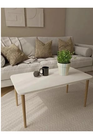 ZION Serisi – Beyaz Orta Sehpa 50×90 cm 1. Sınıf MDF Tabla Masif Gürgen Aya