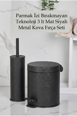 Mat Siyah Parmak İzi Bırakmayan 3 Lt Metal Çöp Kovası ve Tuvalet Fırça Seti