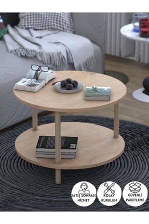 Orta Sehpa Ahşap Ayaklı Iki Raflı Dekoratif Gazetelikli Meşe 60cm