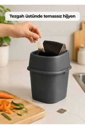 Çöp Yut Tezgah Üstü Çöp Kovası 3 L - Antrasit Mutfak Banyo Sallanır Kapak M