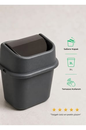 Çöp Yut Tezgah Üstü Çöp Kovası 3 L - Antrasit Mutfak Banyo Sallanır Kapak M