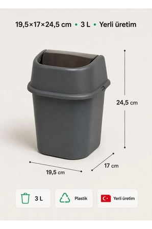 Çöp Yut Tezgah Üstü Çöp Kovası 3 L - Antrasit Mutfak Banyo Sallanır Kapak M