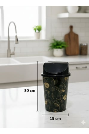 5 Litre Click Kapaklı 30x15 cm Siyah Sarı Yaprak Lüks Desen Çöp Kovası