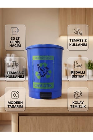 40 Litre Pedallı Mavi Geri Dönüşüm Çöp Kovası Cam Atık Kutusu Hijyenik Kull