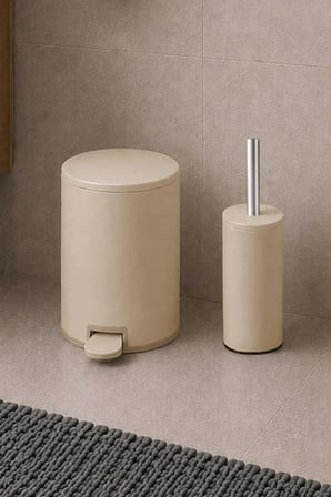 2li Banyo Seti Çelik Çöp Kovası Tuvalet Fırçası Bej 3 Litre
