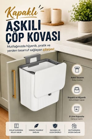 8 Litre Mutfak Tezgah Üstü ve Dolap Askılı Çöp Kovası | Kapaklı Pratik Atık