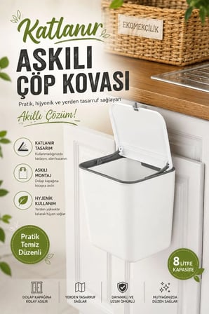 8 Litre Mutfak Tezgah Üstü ve Dolap Askılı Çöp Kovası | Kapaklı Pratik Atık