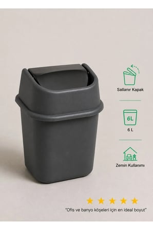 Antrasit Çöp Yut Çöp Kovası 6 L - Sallanır Kapaklı Ofis Çalışma Masası Altı