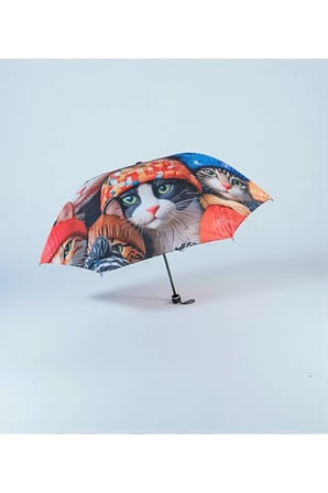 Renkli Kedi Desenli 8 Telli Manuel Rüzgara Dayanıklı Şemsiye