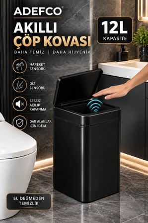 12 L Siyah Sensörlü Çöp Kovası Otomatik Kapaklı Sessiz Temassız Çöp Kutusu