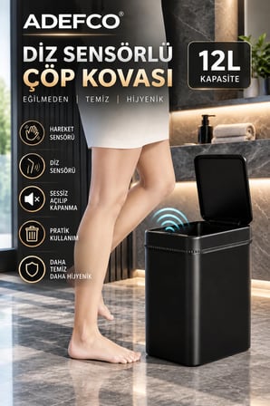 12 L Siyah Sensörlü Çöp Kovası Otomatik Kapaklı Sessiz Temassız Çöp Kutusu