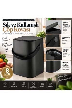 8 Lt Click Kapaklı Tutma Saplı Iç Kovalı Tezgah Üst Mutfak Çöp Kovası - Siy