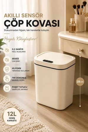 Sensörlü Çöp Kovası 12 Litre Otomatik Kapaklı Akıllı Temassız Çöp Kutusu Mu