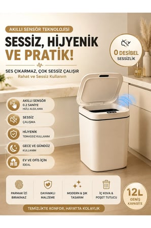 Sensörlü Çöp Kovası 12 Litre Otomatik Kapaklı Akıllı Temassız Çöp Kutusu Mu