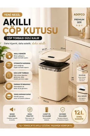 Sensörlü Çöp Kovası 12 Litre Otomatik Kapaklı Akıllı Temassız Çöp Kutusu Mu