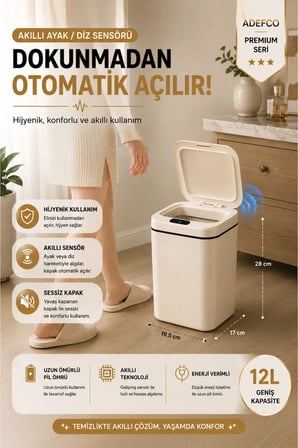Sensörlü Çöp Kovası 12 Litre Otomatik Kapaklı Akıllı Temassız Çöp Kutusu Mu