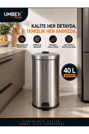 40 LT KROM METAL ÇÖP KOVASI ÇÖP KUTUSU PEDALLI AMORTISORLU KAPAK
