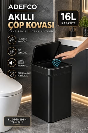 16 L Siyah Sensörlü Çöp Kovası Otomatik Kapaklı Sessiz Temassız Çöp Kutusu