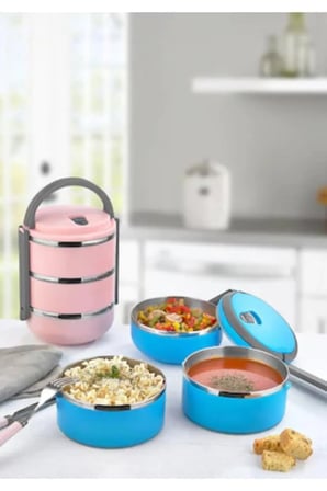 3 Katlı Sızdırmaz Yemek Termosu Sefer Tası 2,25 Litre Pembe