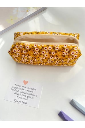 Hardal Çiçek Desenli Kapitone Kalemlik, Puf Astarlı, Geniş Hacimli, 18x7x6cm