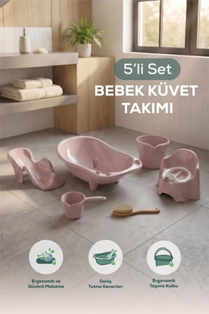 5'li Fileli Set Yenidoğan Küvet Seti Pembe
